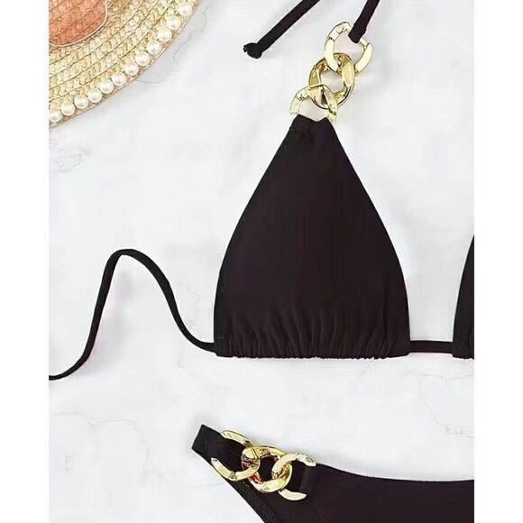 NEW SZ XL Woman’s Black V-Neck Tie Back Gold Ring Link Bikini - Picture 4 of 6